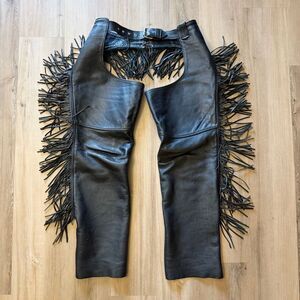 Vintage Antelope Creek Women’s Black Leather Biker Riding Chaps With Fringe 90s